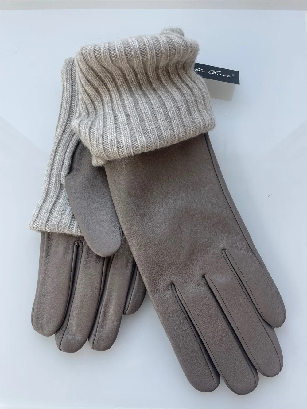 Belle Fare Lamb Skin Leather & Cashmere & Wool Gloves ~ Taupe ~ Large ~ NWT